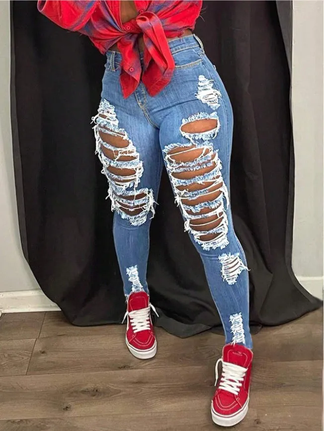 👖 High-Waist Distressed Denim Skinnies – Ripped Cotton Street Jeans
