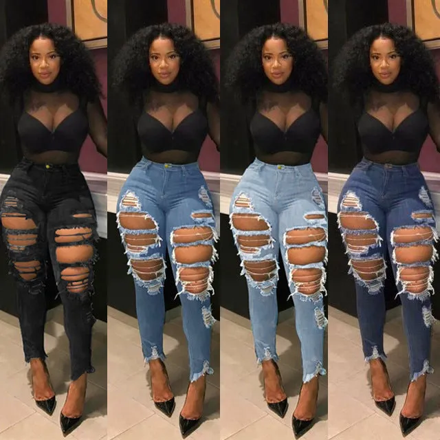 👖 High-Waist Distressed Denim Skinnies – Ripped Cotton Street Jeans