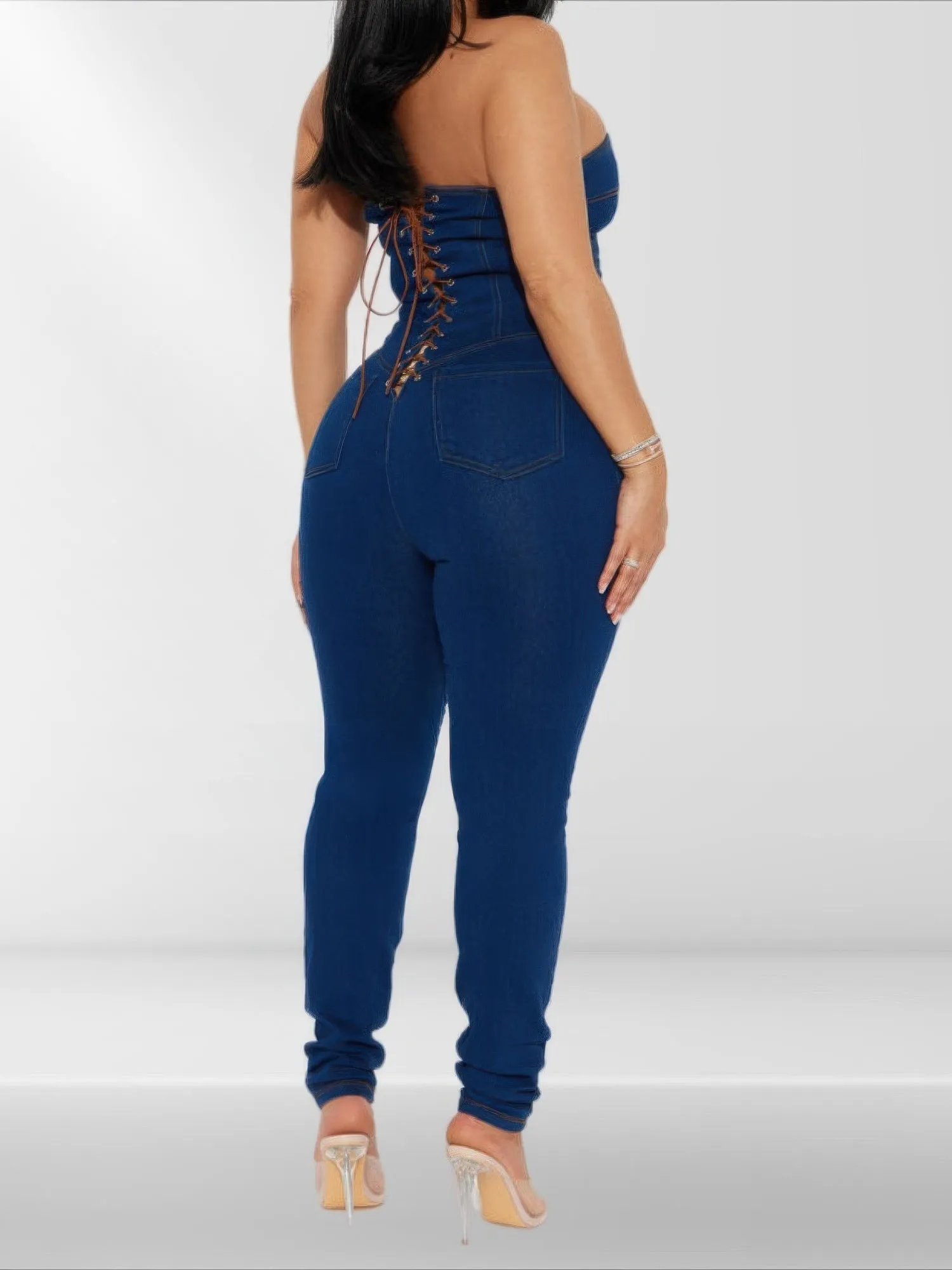 🔥 Indigo Lace-Up Back Strapless Denim Jumpsuit – Chic & Sleek Statement Piece 🔥