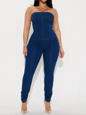 🔥 Indigo Lace-Up Back Strapless Denim Jumpsuit – Chic & Sleek Statement Piece 🔥