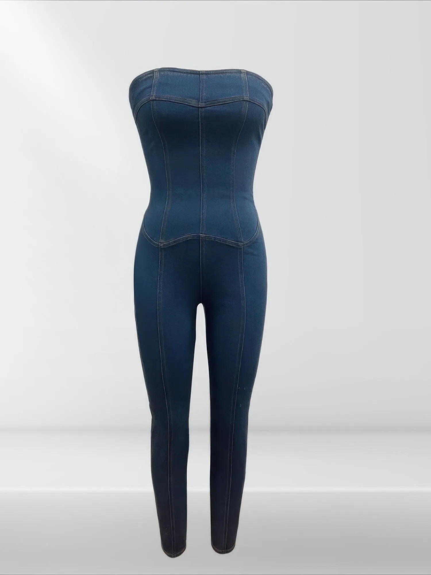 🔥 Indigo Lace-Up Back Strapless Denim Jumpsuit – Chic & Sleek Statement Piece 🔥