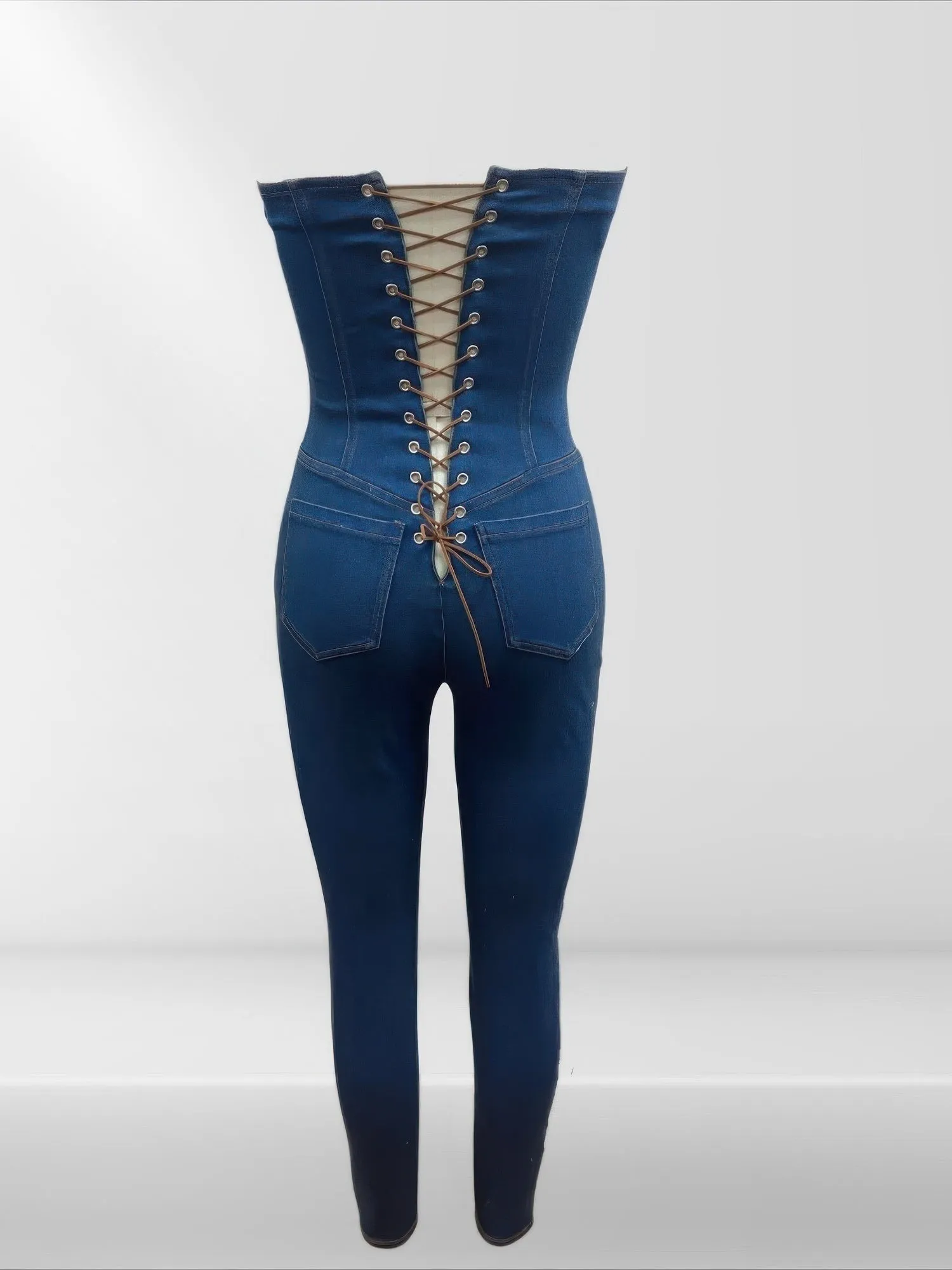🔥 Indigo Lace-Up Back Strapless Denim Jumpsuit – Chic & Sleek Statement Piece 🔥