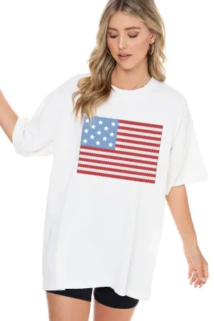 American Flag Puff Oversized Graphic Tee • White