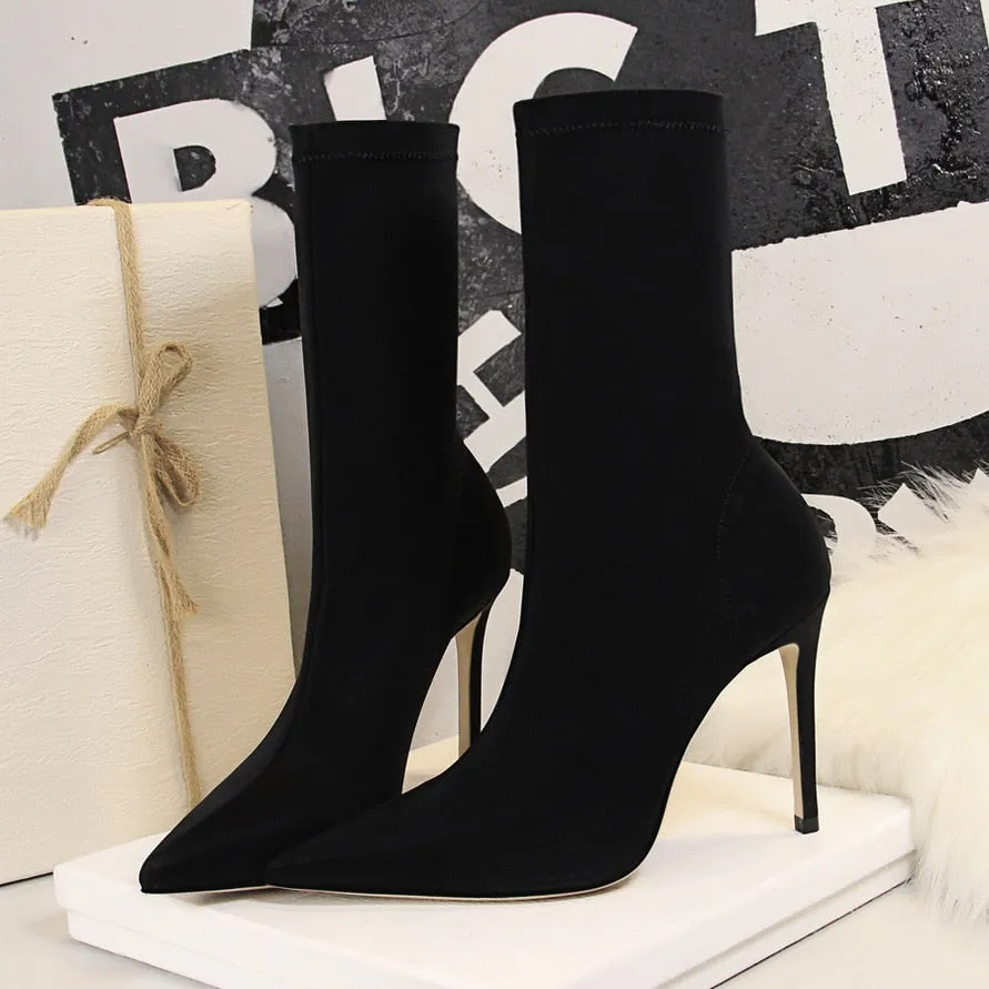 Amozae-2024 Women 7.5cm 10cm High Heels Silk Sock Boots Plus Size 43 Short Ankle Boots Lady Stripper Winter Low Heels Designer Shoes