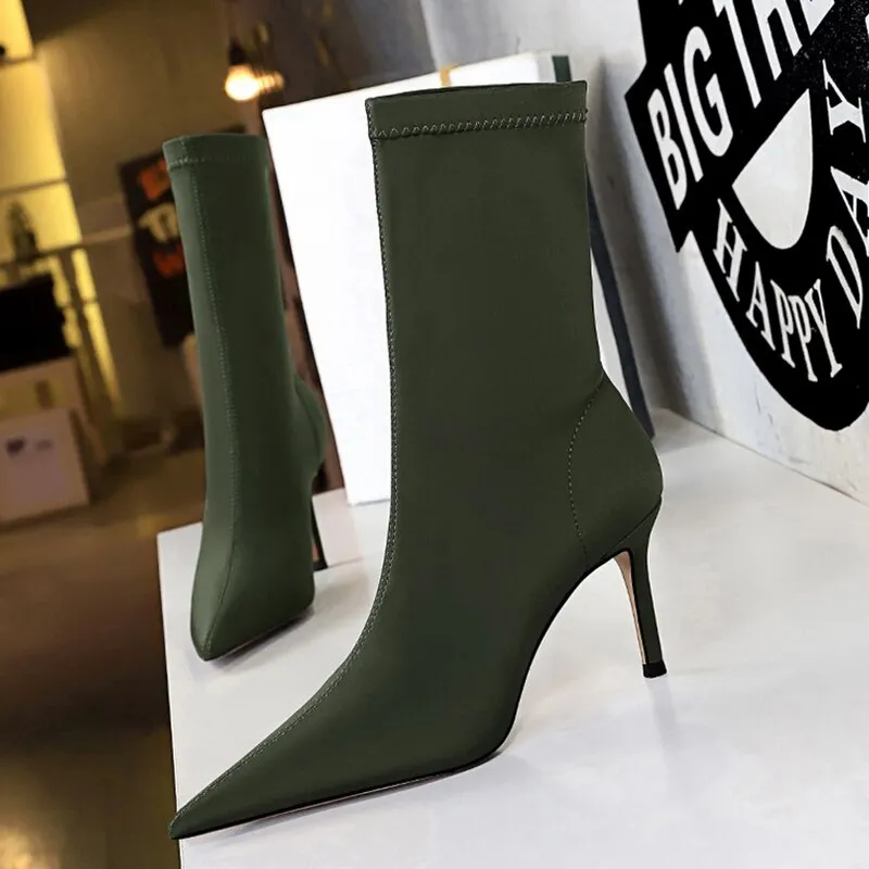 Amozae-2024 Women 7.5cm 10cm High Heels Silk Sock Boots Plus Size 43 Short Ankle Boots Lady Stripper Winter Low Heels Designer Shoes