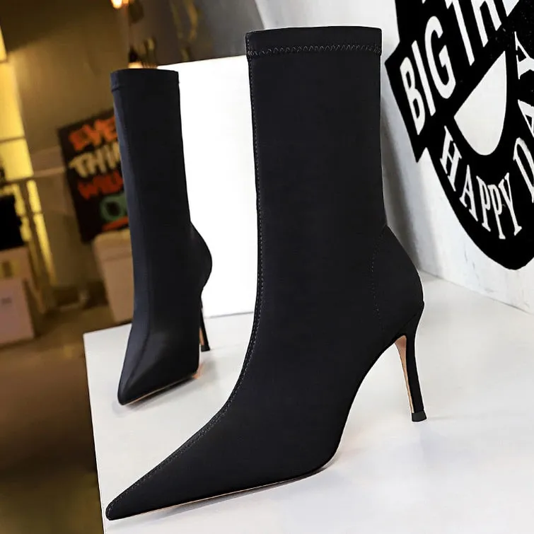 Amozae-2024 Women 7.5cm 10cm High Heels Silk Sock Boots Plus Size 43 Short Ankle Boots Lady Stripper Winter Low Heels Designer Shoes