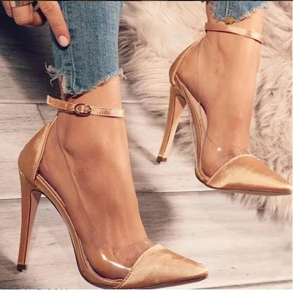 Amozae-Women's High-heeled Shoes New Toe Monochrome Belt Buckle Fashion Single Shoes Pink Black Apricot Size 34 And 43