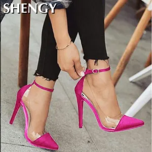 Amozae-Women's High-heeled Shoes New Toe Monochrome Belt Buckle Fashion Single Shoes Pink Black Apricot Size 34 And 43