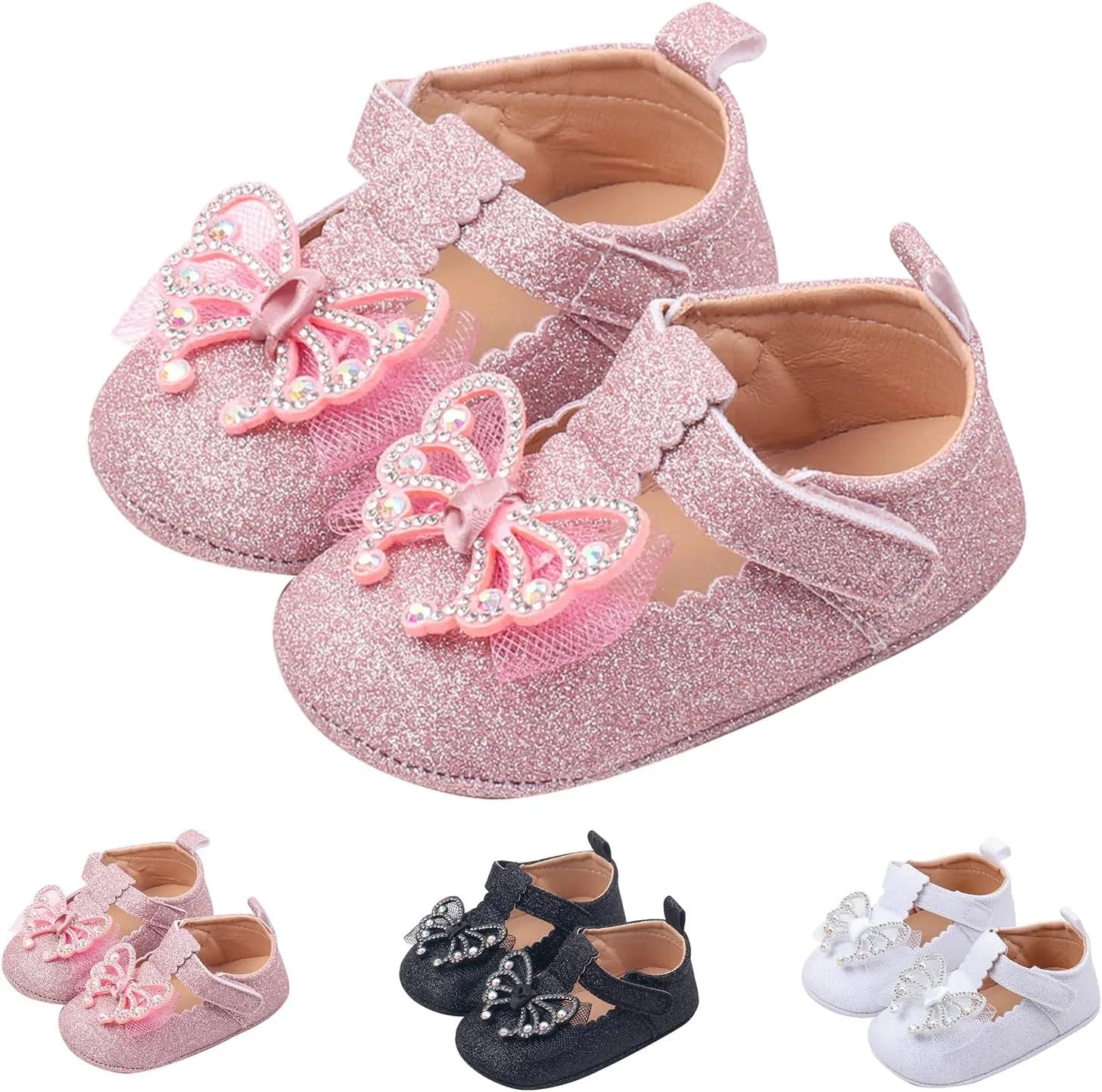Baby Butterfly Mary Jane Shoes Wedding Party Princess Baptism Ballet Shoes Sequins Crown Flats Cute Feasts Shoes