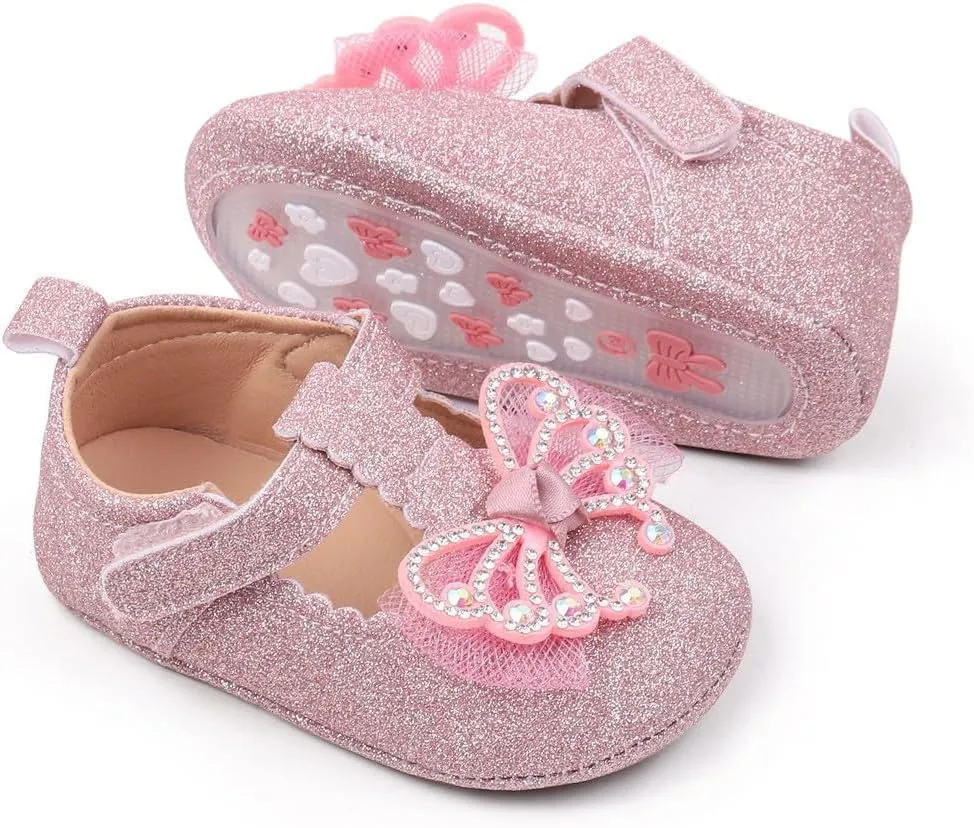 Baby Butterfly Mary Jane Shoes Wedding Party Princess Baptism Ballet Shoes Sequins Crown Flats Cute Feasts Shoes