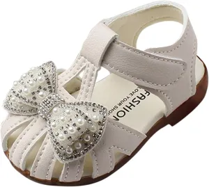 Baby Girls Dress Shoes Lightweight Breathable Non Slip Sandals with Pearls Rhinestone for Flower Girl Princess Party