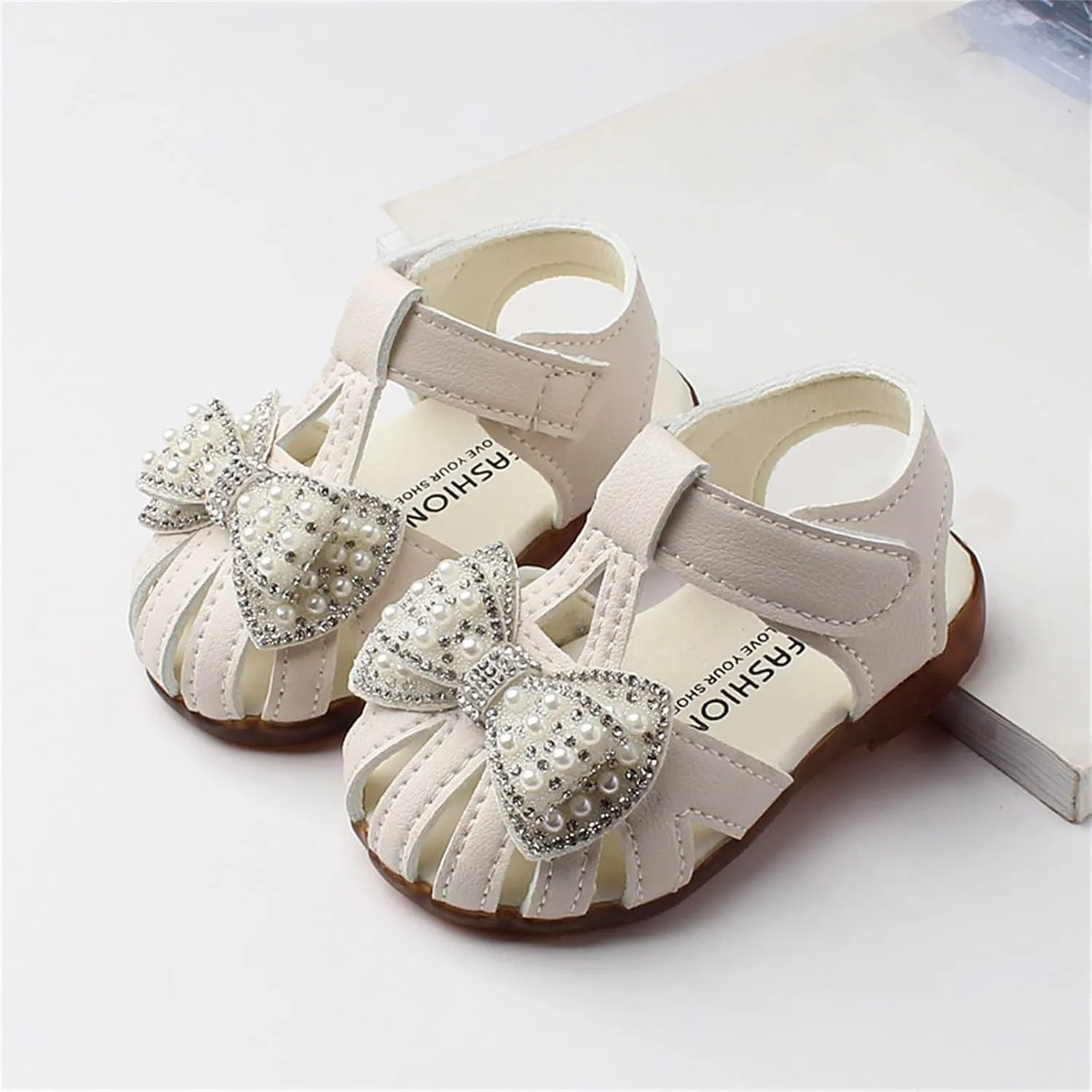 Baby Girls Dress Shoes Lightweight Breathable Non Slip Sandals with Pearls Rhinestone for Flower Girl Princess Party