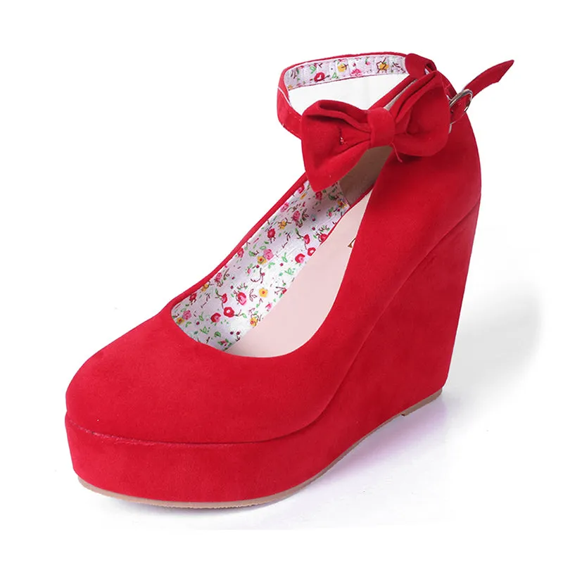 Buckle Wedges High Heels Platform Casual Bowtie Pumps Shoes