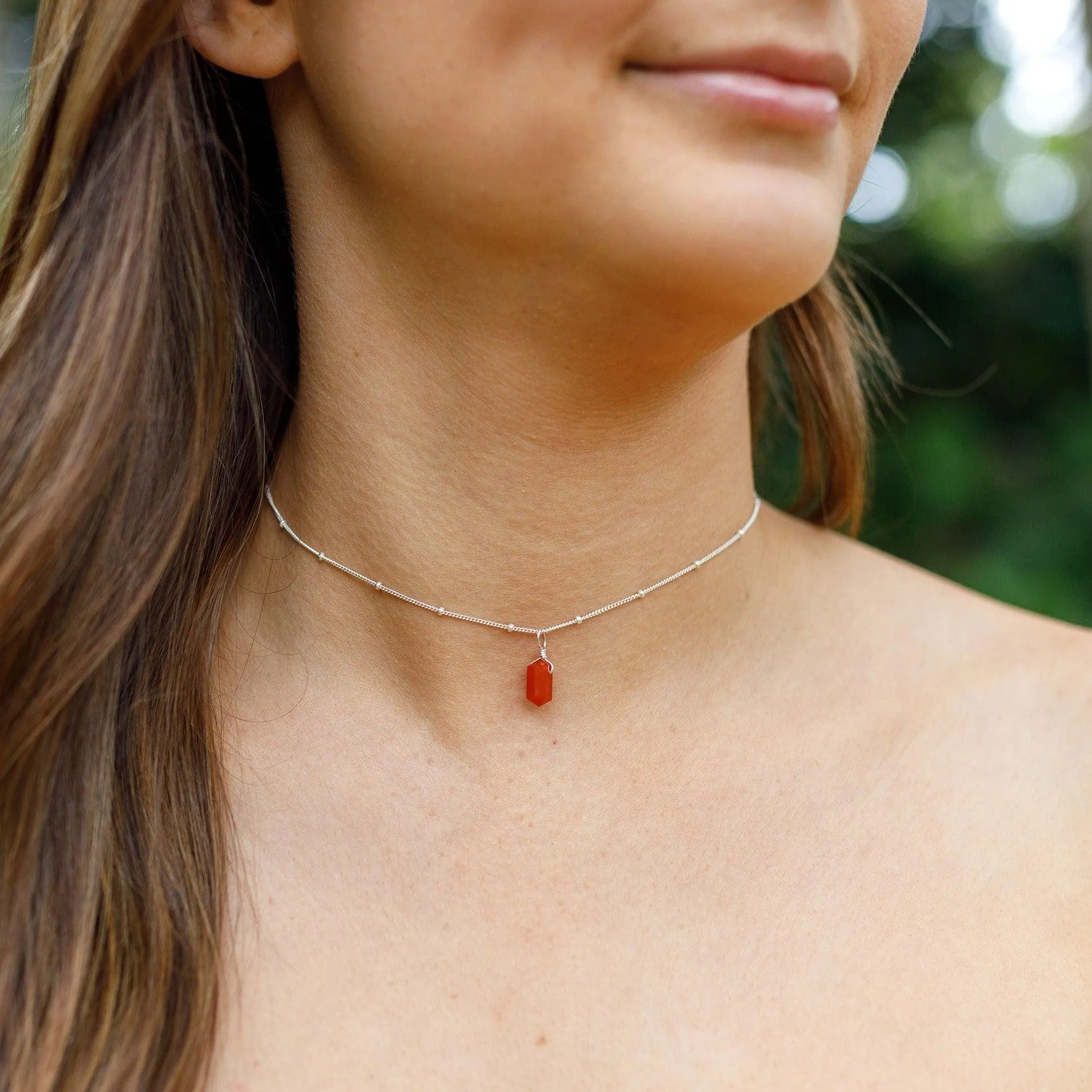 Carnelian Mini Double Terminated Crystal Point Pendant Choker Necklace