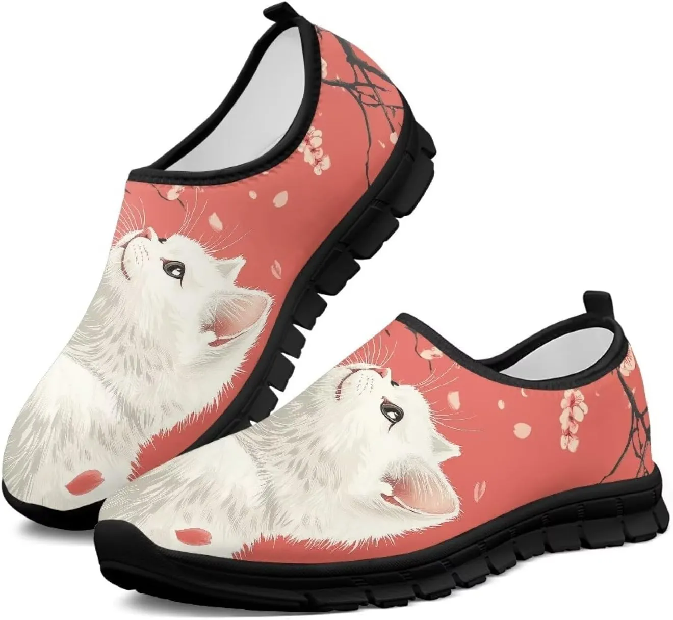 Cat Print Women's Slip Ons Loafers Soft Casual Mesh Sneakers Comfortable Non Slip Athletic Walking Shoes Black Sole Size 5.5-11.5
