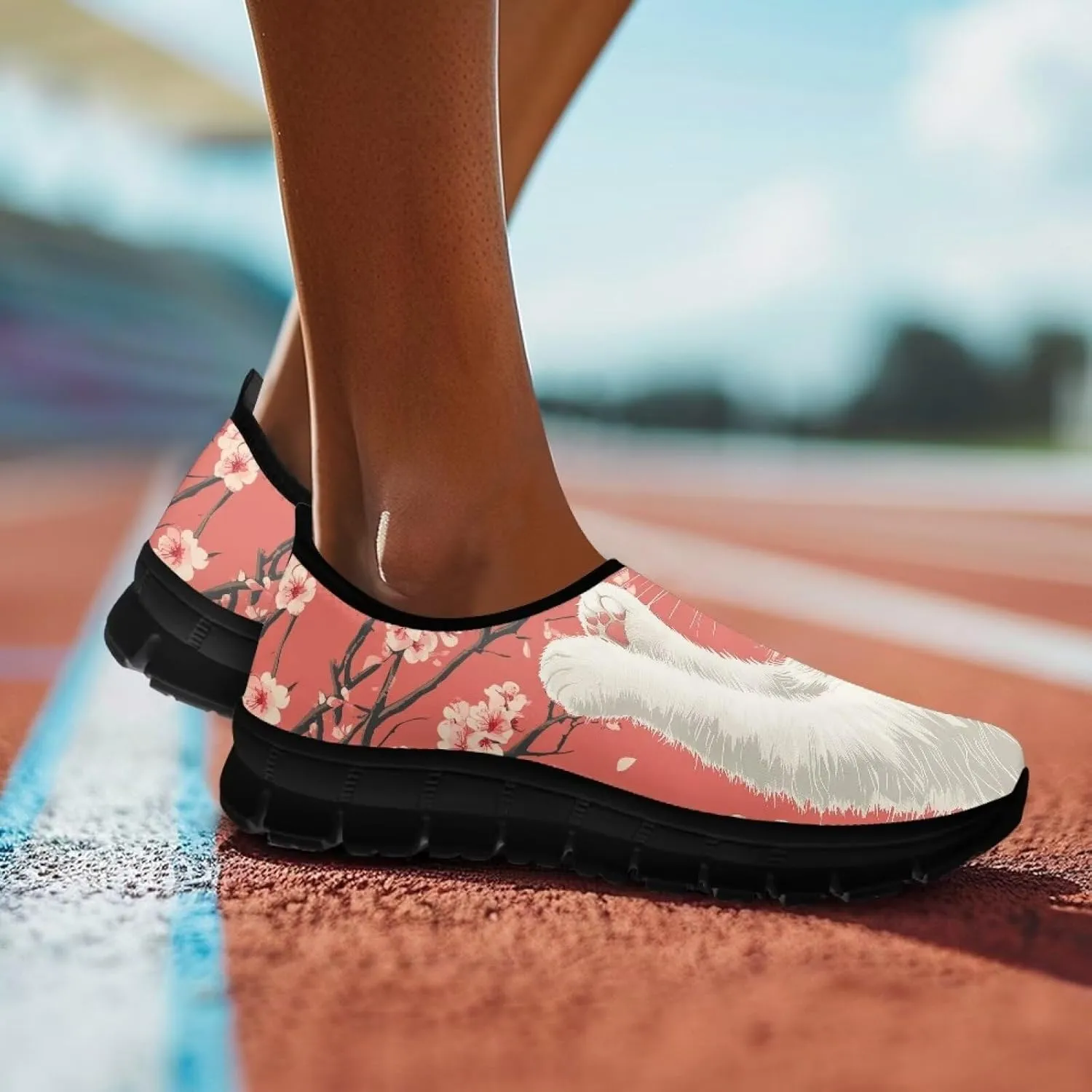 Cat Print Women's Slip Ons Loafers Soft Casual Mesh Sneakers Comfortable Non Slip Athletic Walking Shoes Black Sole Size 5.5-11.5