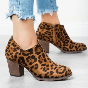 Chicvane Leopard Print Chunky Heel Boots with Zipper