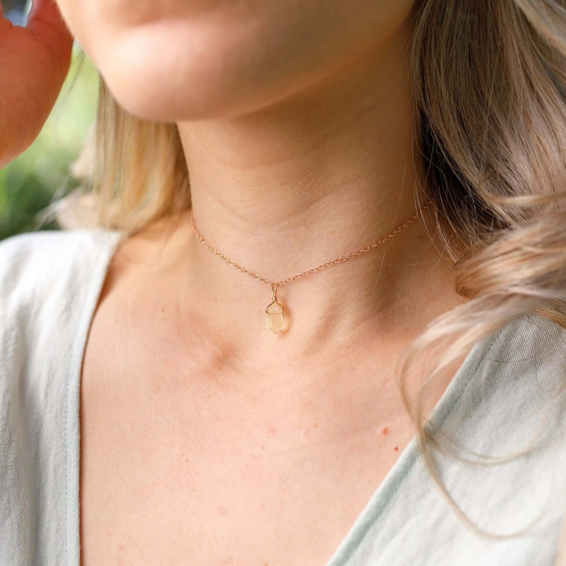 Citrine Mini Double Terminated Crystal Point Pendant Choker Necklace
