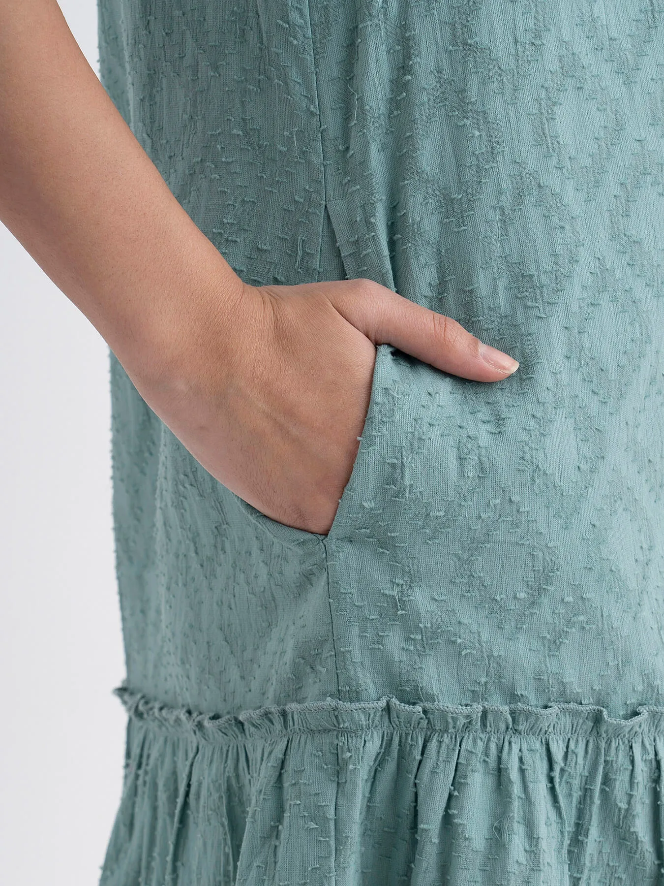 Cotton Jacquard Relaxed Tiered Dress - Green