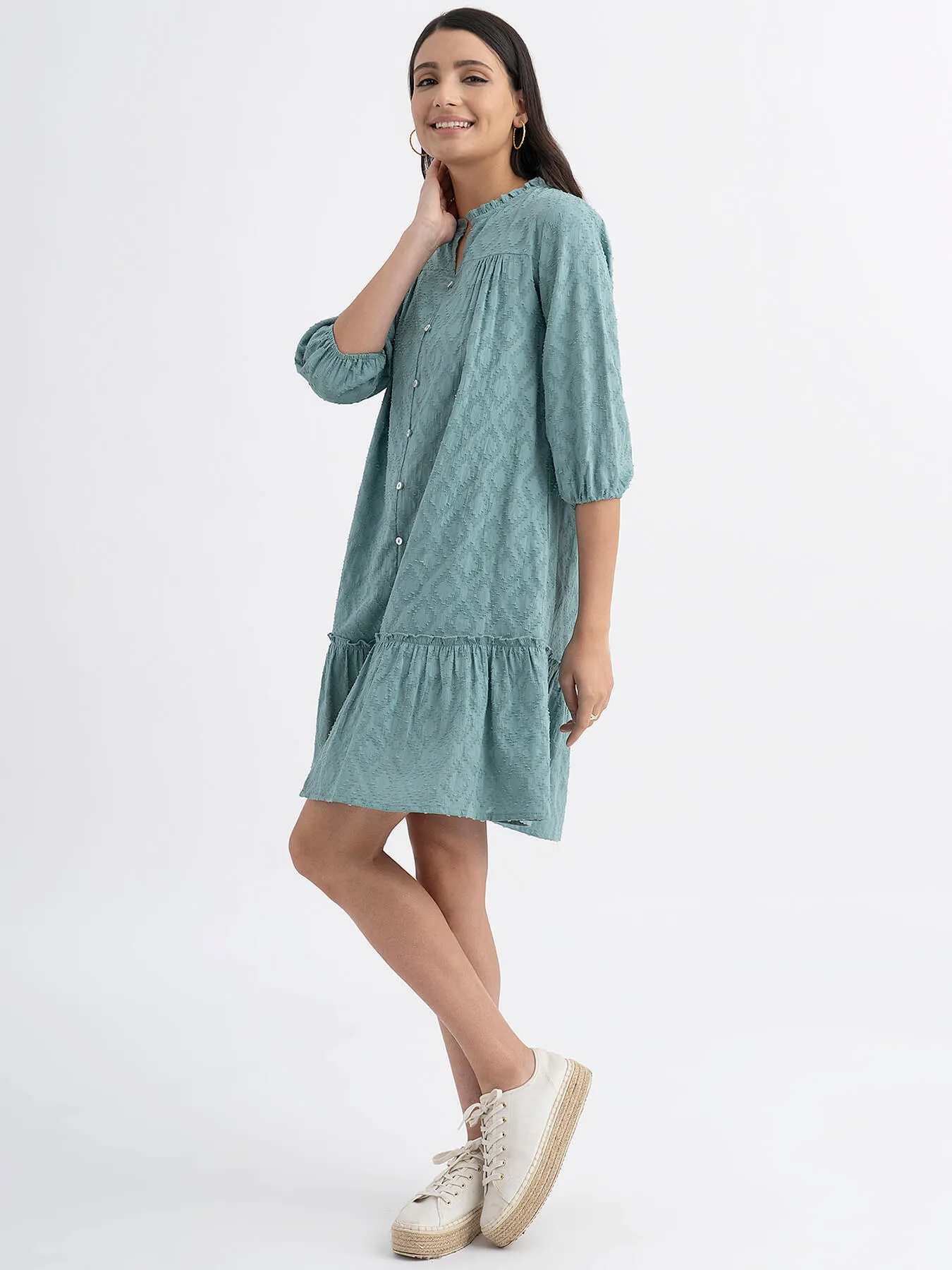 Cotton Jacquard Relaxed Tiered Dress - Green