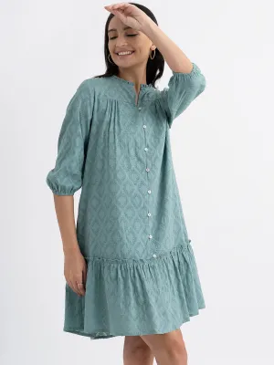 Cotton Jacquard Relaxed Tiered Dress - Green
