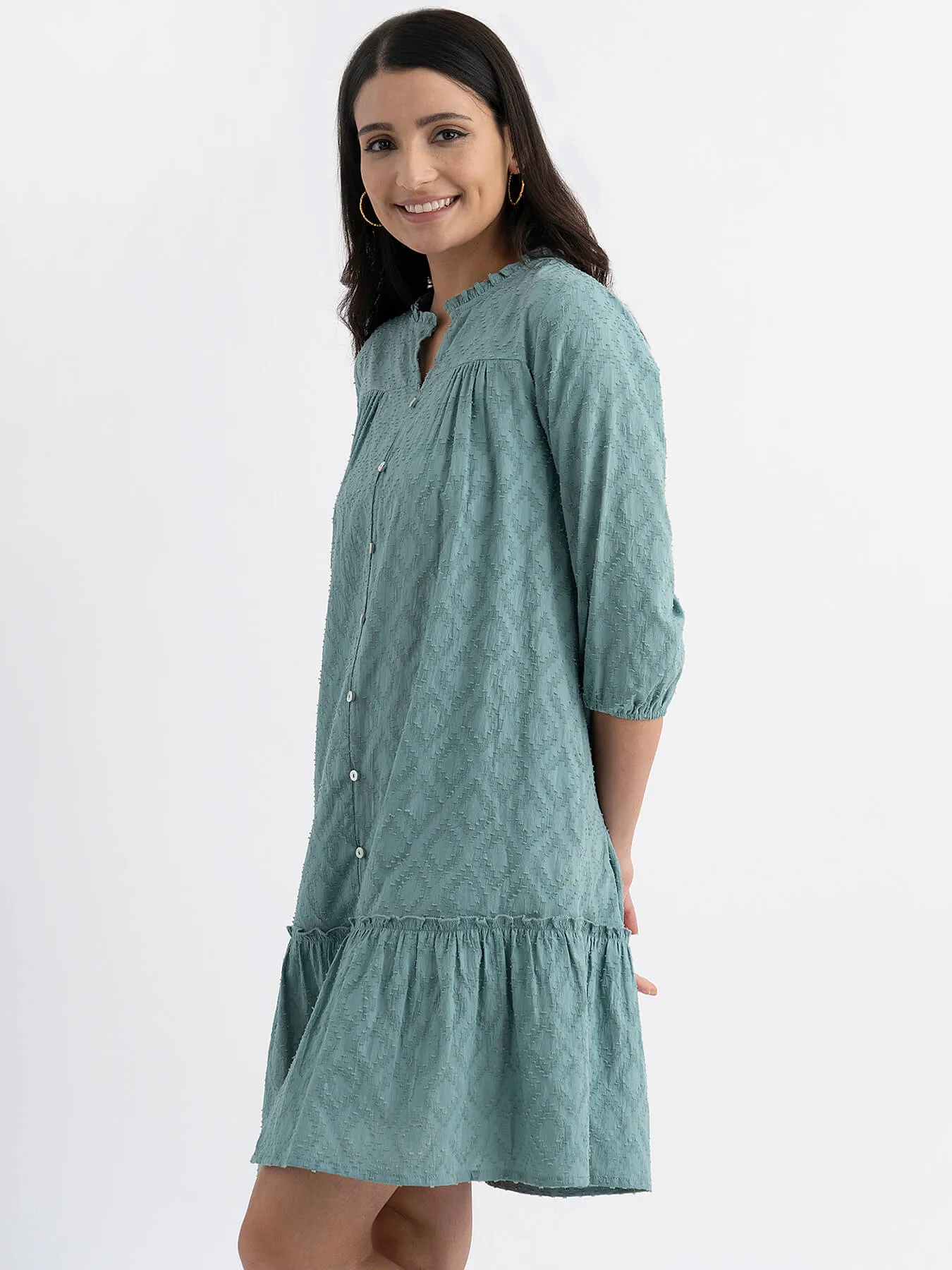 Cotton Jacquard Relaxed Tiered Dress - Green