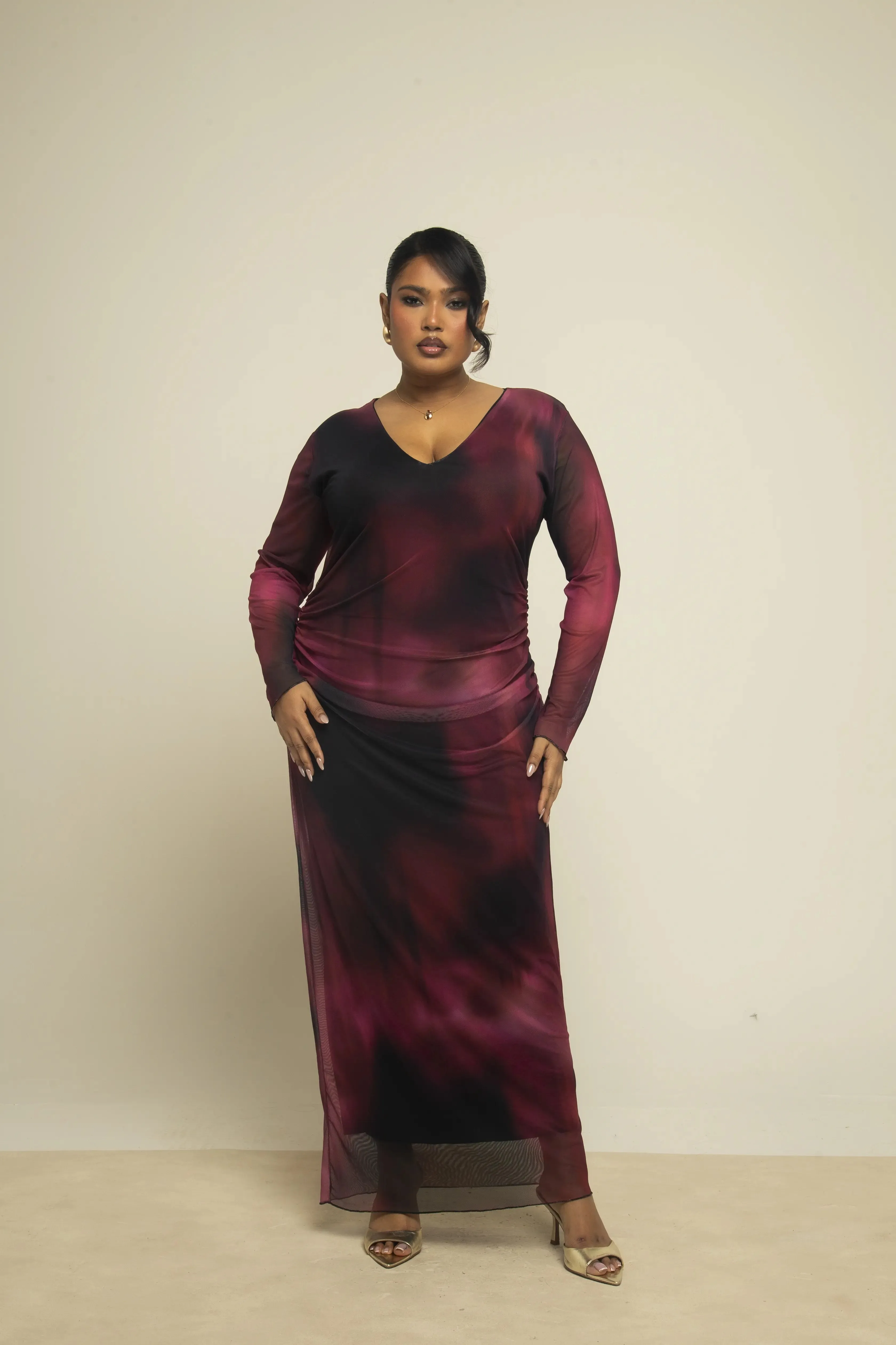 Curve plunge neck burgundy ruched mesh midaxi dress