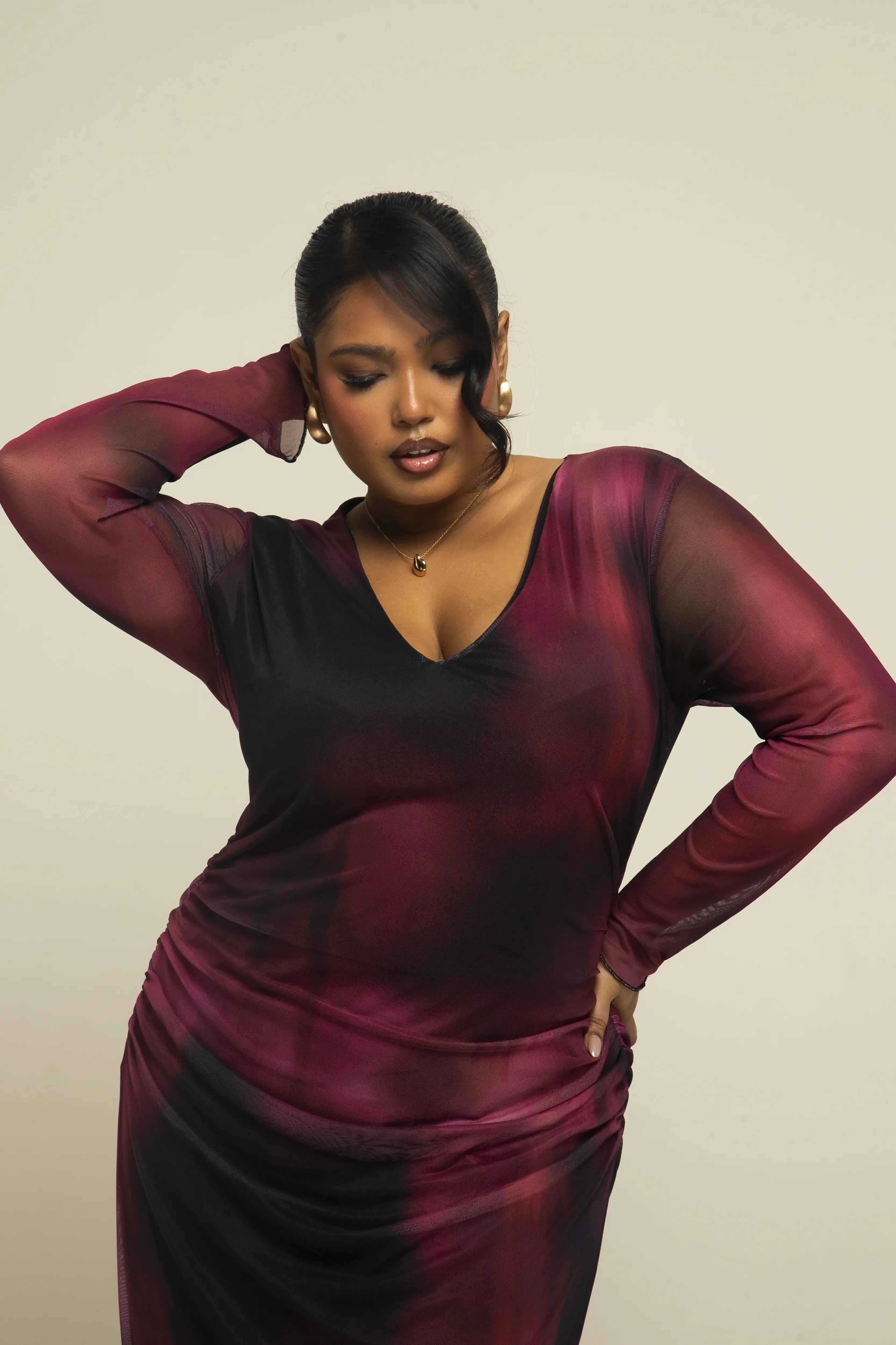 Curve plunge neck burgundy ruched mesh midaxi dress
