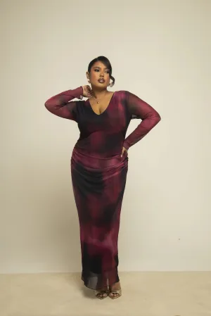 Curve plunge neck burgundy ruched mesh midaxi dress