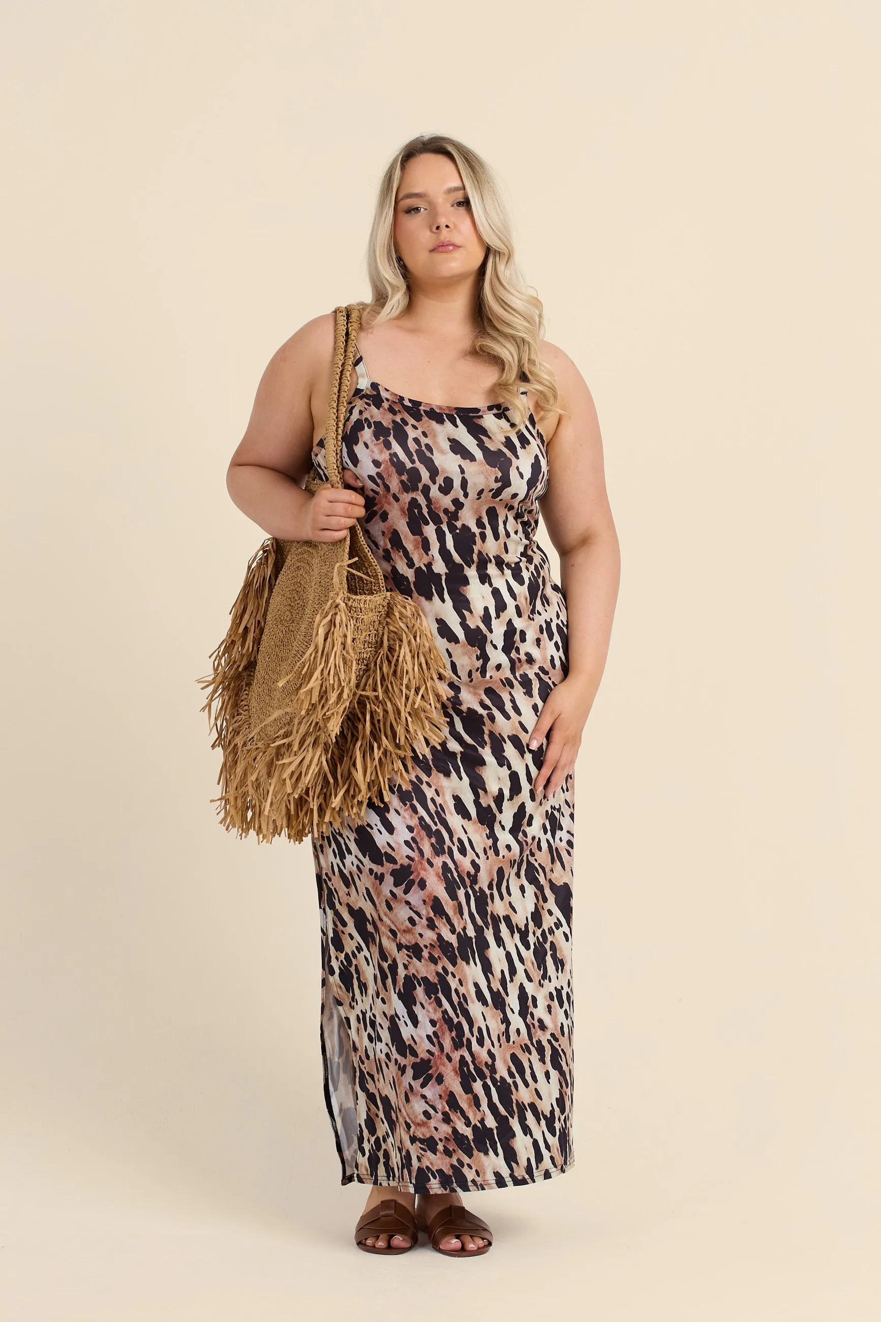 Curve Strappy Leopard Print Jersey Midaxi Dress