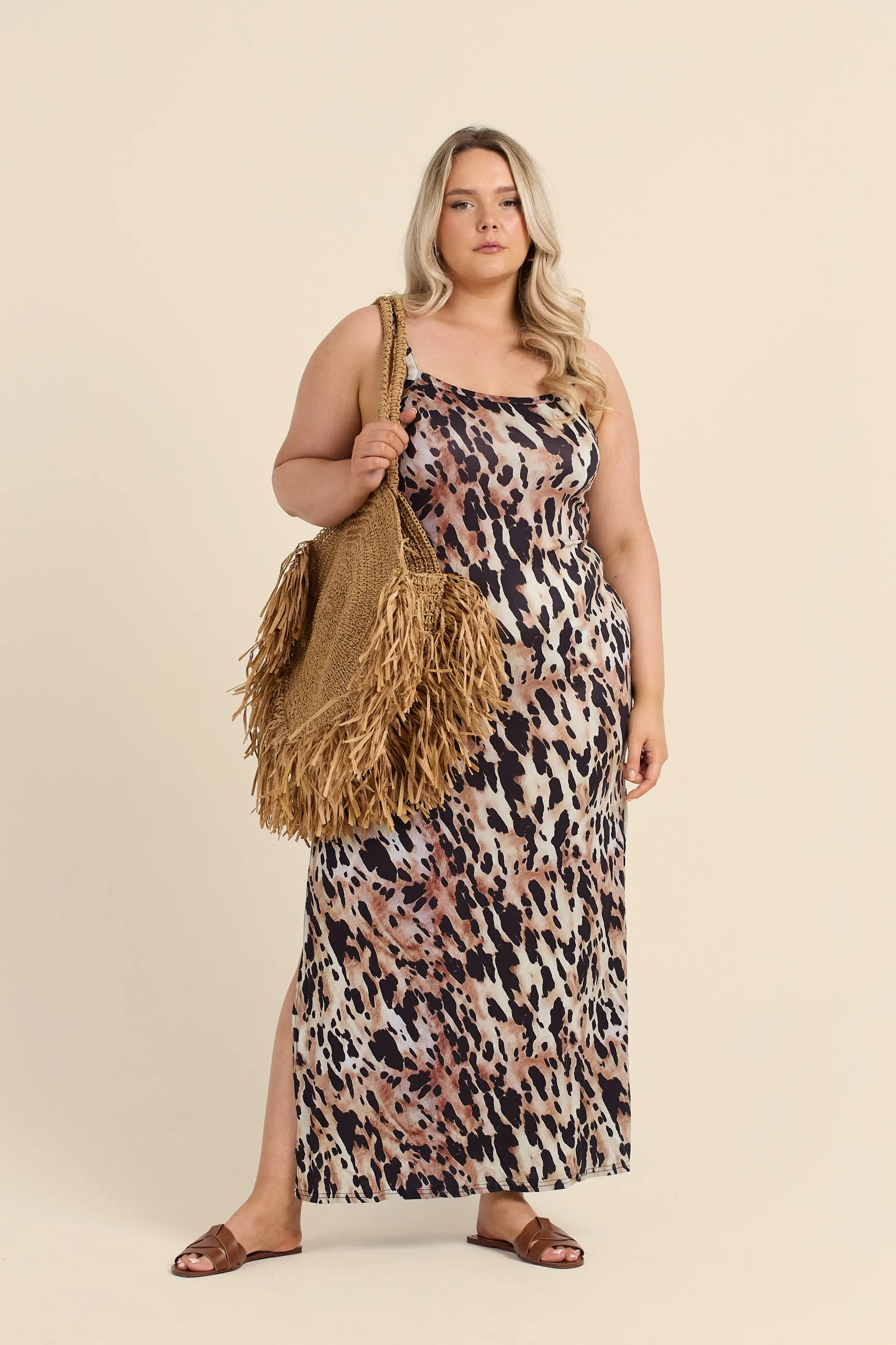 Curve Strappy Leopard Print Jersey Midaxi Dress