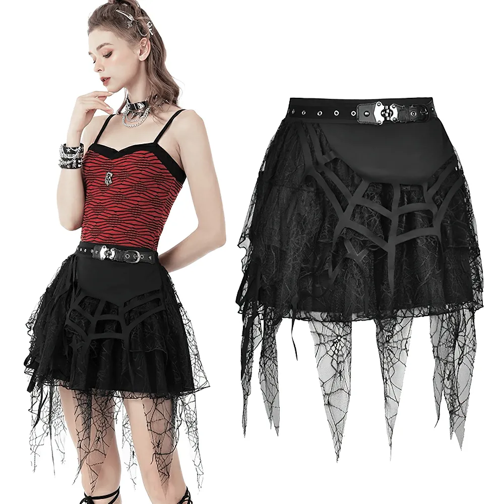 Dark Punk Lace Spiderweb Mini Skirt with Edgy Belt Detail