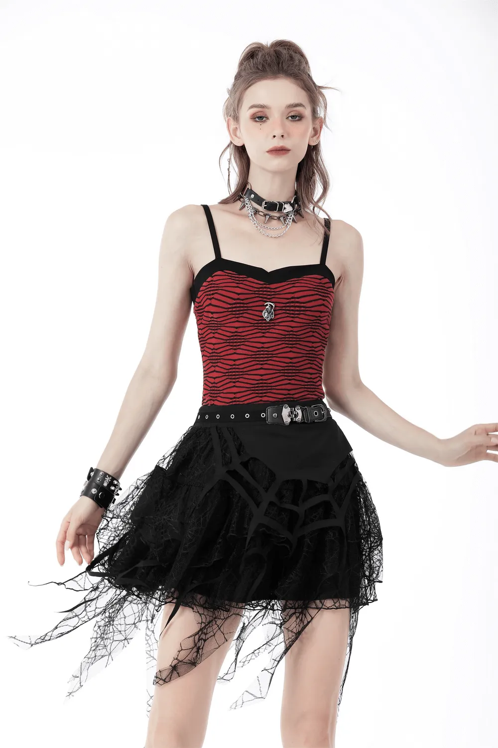 Dark Punk Lace Spiderweb Mini Skirt with Edgy Belt Detail