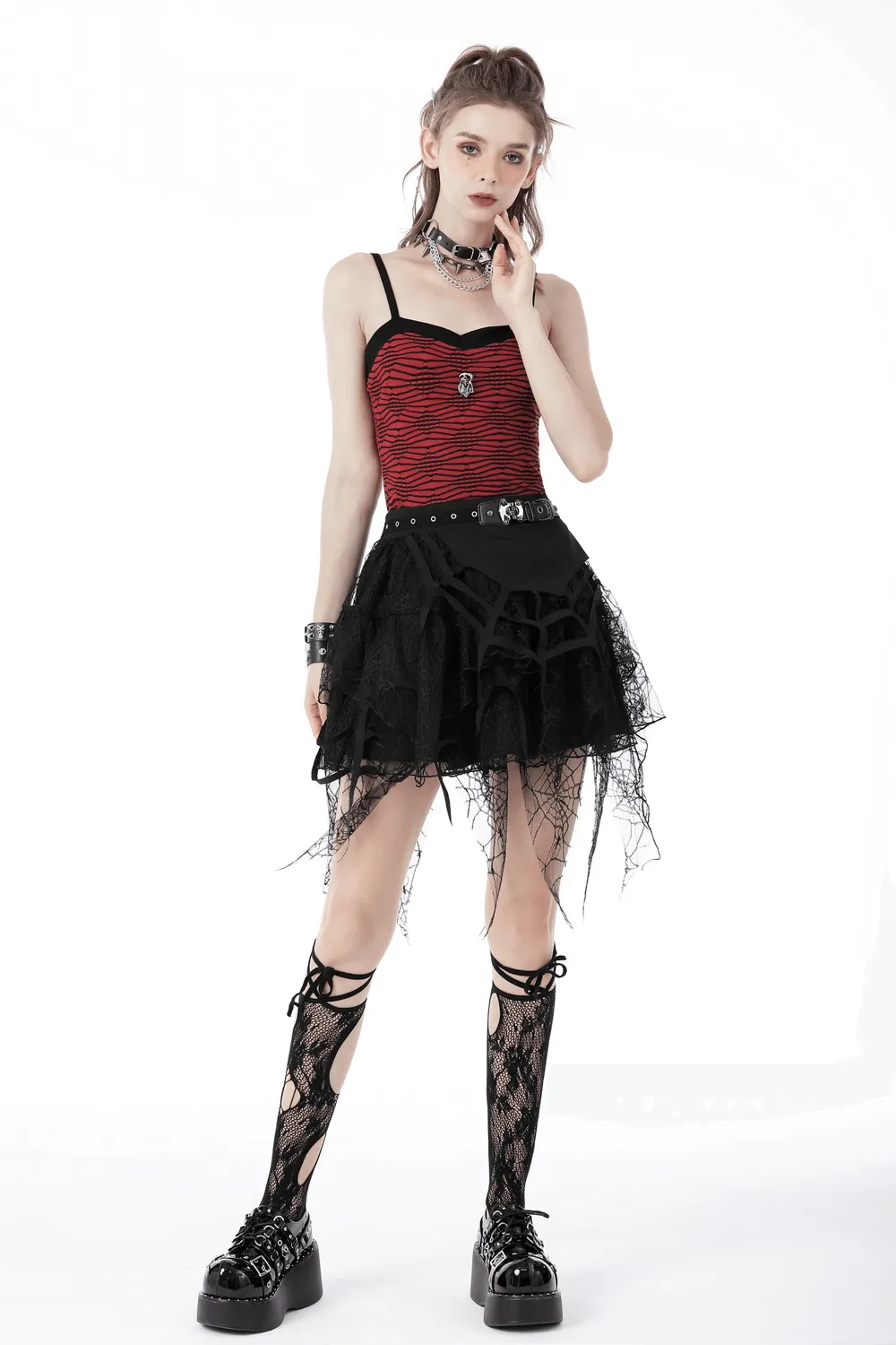Dark Punk Lace Spiderweb Mini Skirt with Edgy Belt Detail