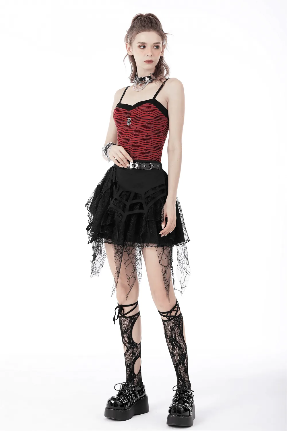 Dark Punk Lace Spiderweb Mini Skirt with Edgy Belt Detail