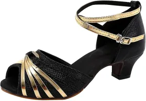 Dress Shoes for Women Ballroom Dance Shoes Rhinestone Latin Dance Shoe Chunky Professional Heels with Ankle Strap