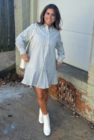 Drop Waist Striped Half Button Dress-Blue/White