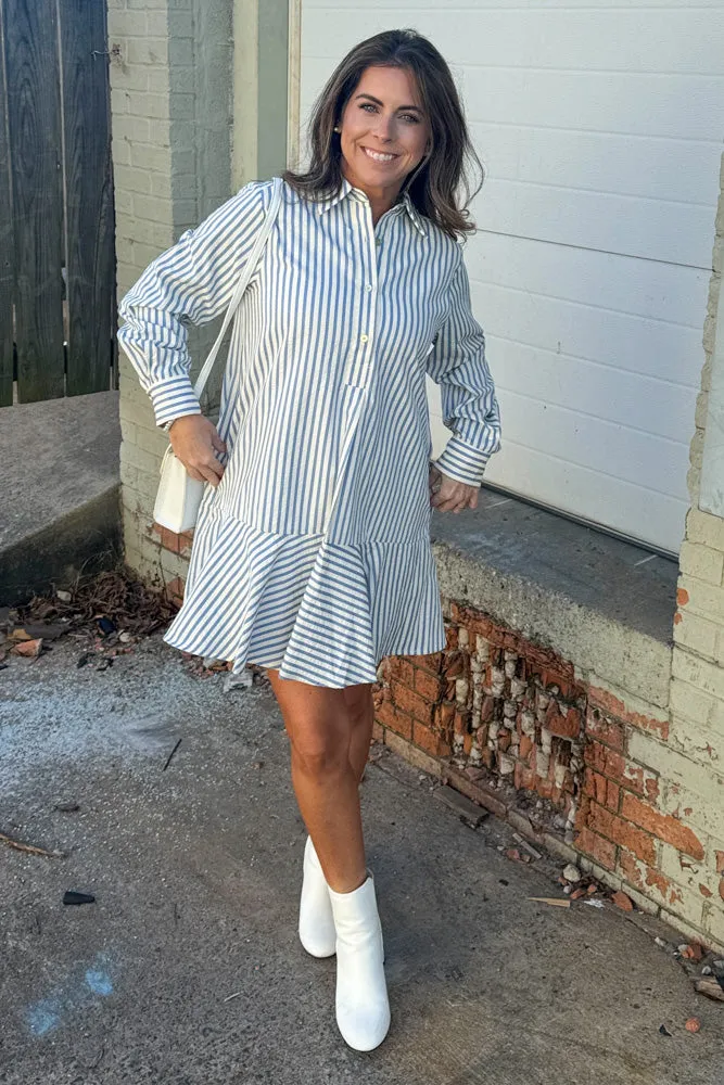 Drop Waist Striped Half Button Dress-Blue/White