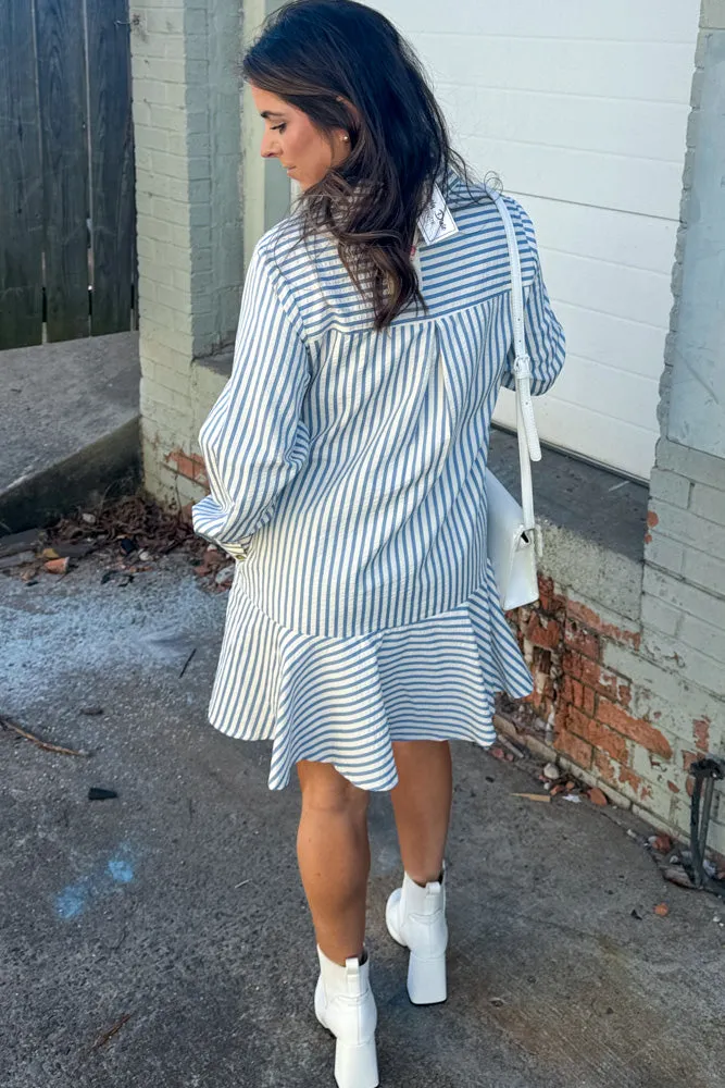 Drop Waist Striped Half Button Dress-Blue/White