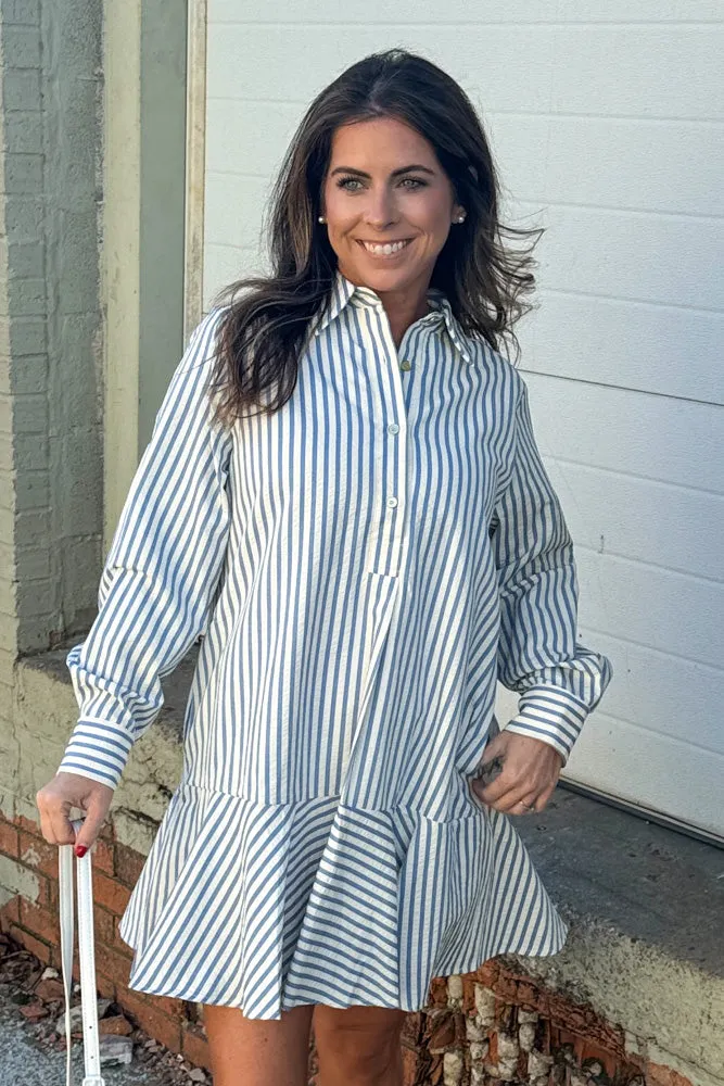 Drop Waist Striped Half Button Dress-Blue/White