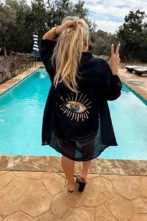 Evil Eye Beachy Button-Up | Black