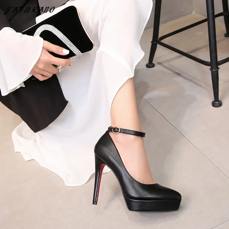 Fashion One Word Buckle Pointed Toe High Heels 12cm Sexy Platform Thin Heels Lady Party Pumps Career Work Shoe Small Size 32 33