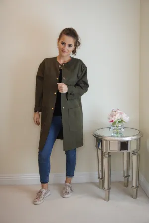 Faux Suede Coat with Round Neck in Khaki