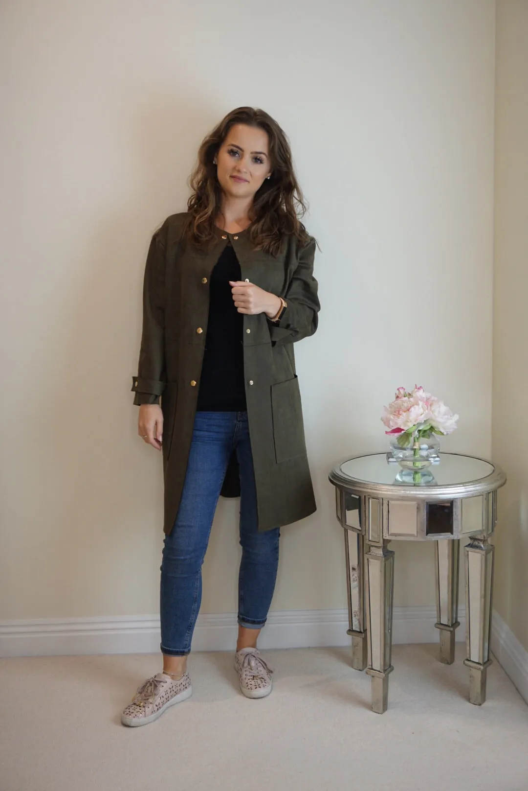 Faux Suede Coat with Round Neck in Khaki