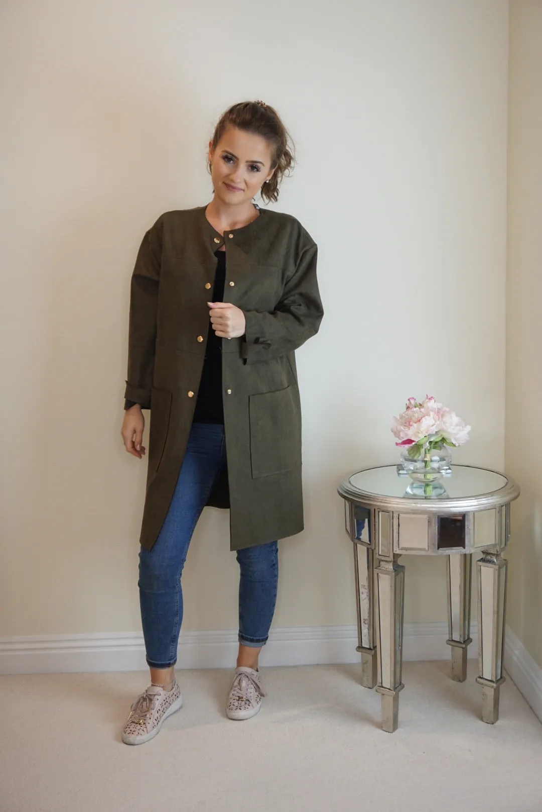 Faux Suede Coat with Round Neck in Khaki