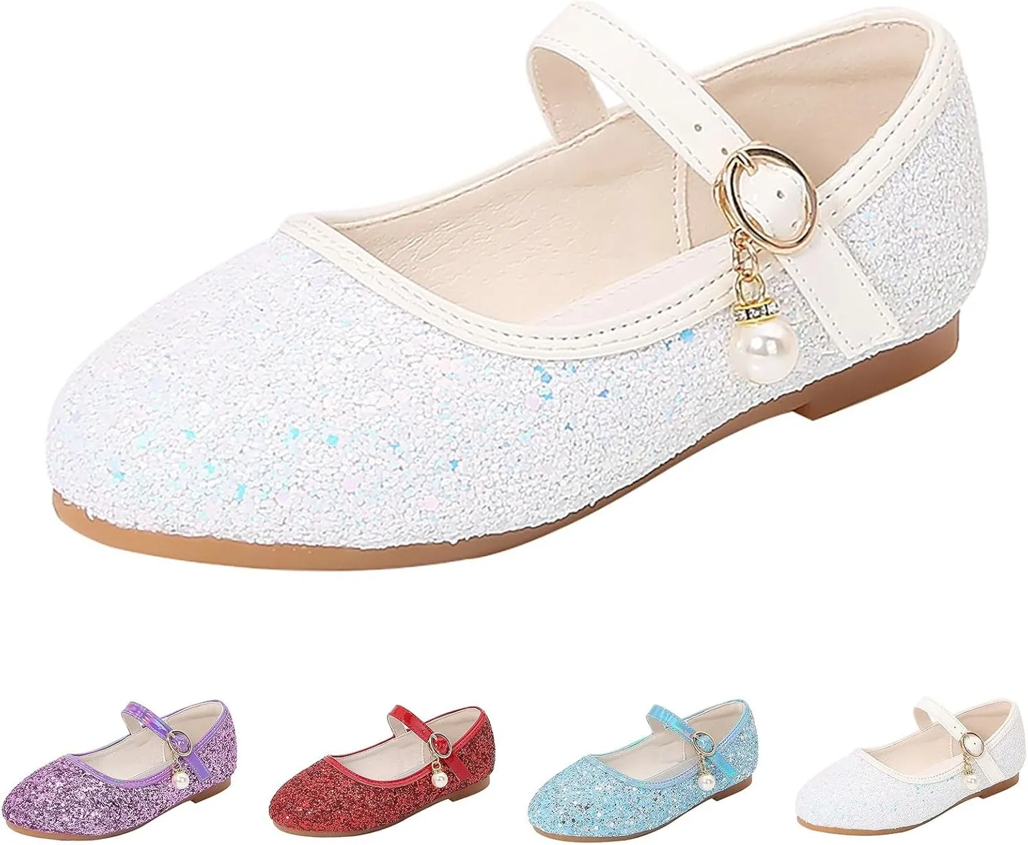 Girls Dress Shoes Mary Jane Princess Shoes Girls' Flats Glitter Low Heels Flower Wedding Party Footwear for Toddler Kid
