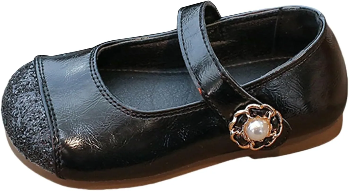 Girls Dress Shoes School Mary Jane Ballet Flats with Pearl Strap for Flower Girl Wedding Party Leather Dance Shoes