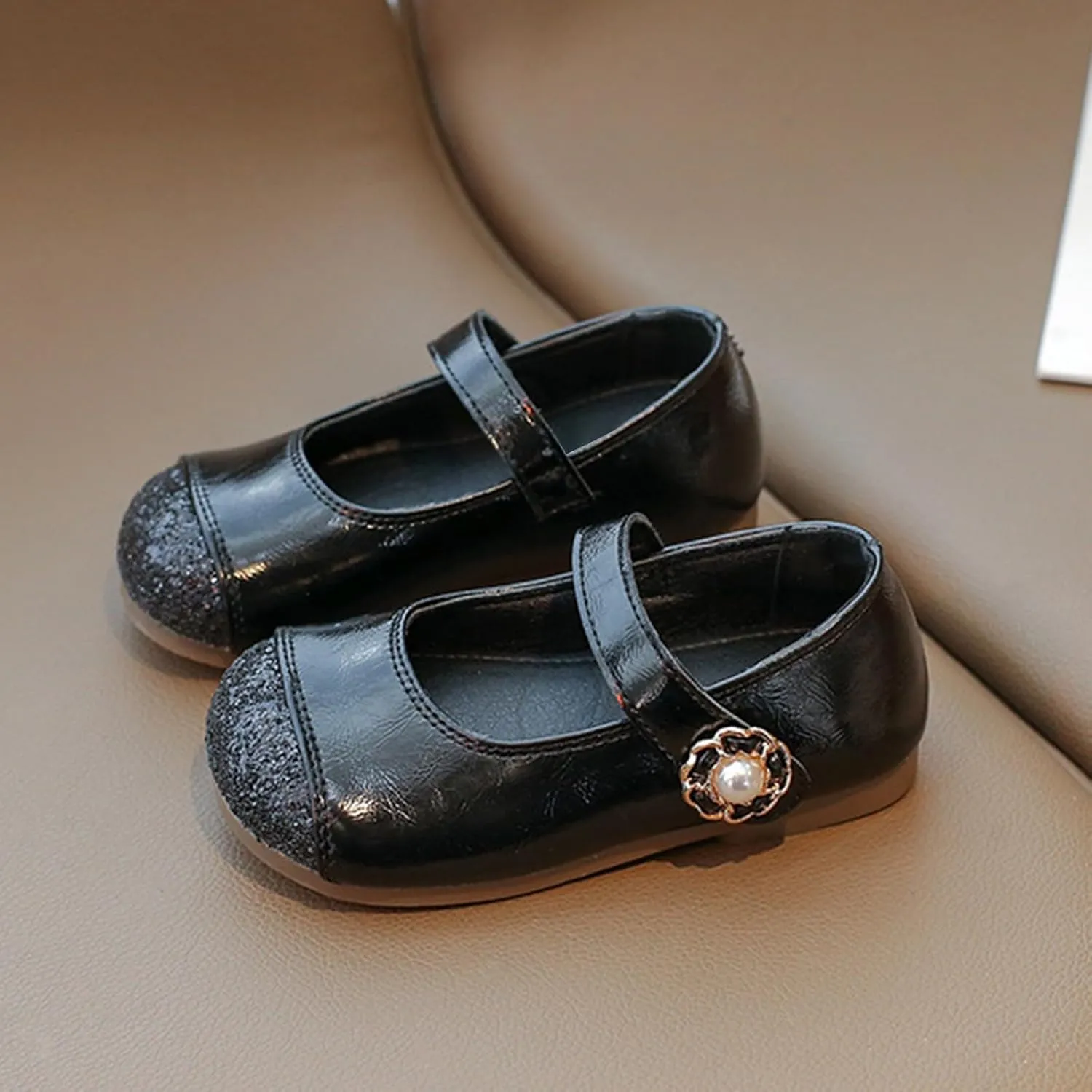Girls Dress Shoes School Mary Jane Ballet Flats with Pearl Strap for Flower Girl Wedding Party Leather Dance Shoes