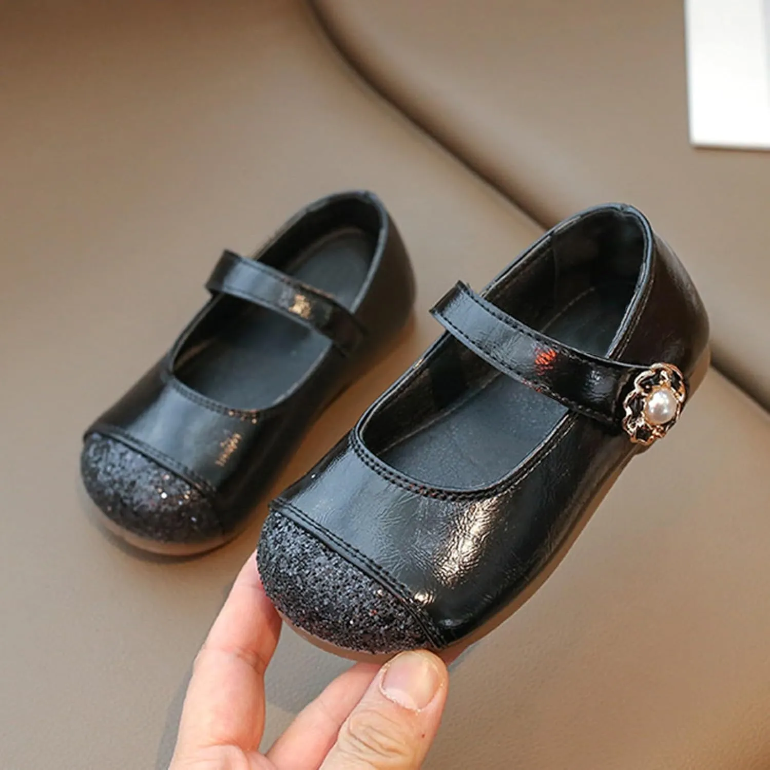 Girls Dress Shoes School Mary Jane Ballet Flats with Pearl Strap for Flower Girl Wedding Party Leather Dance Shoes