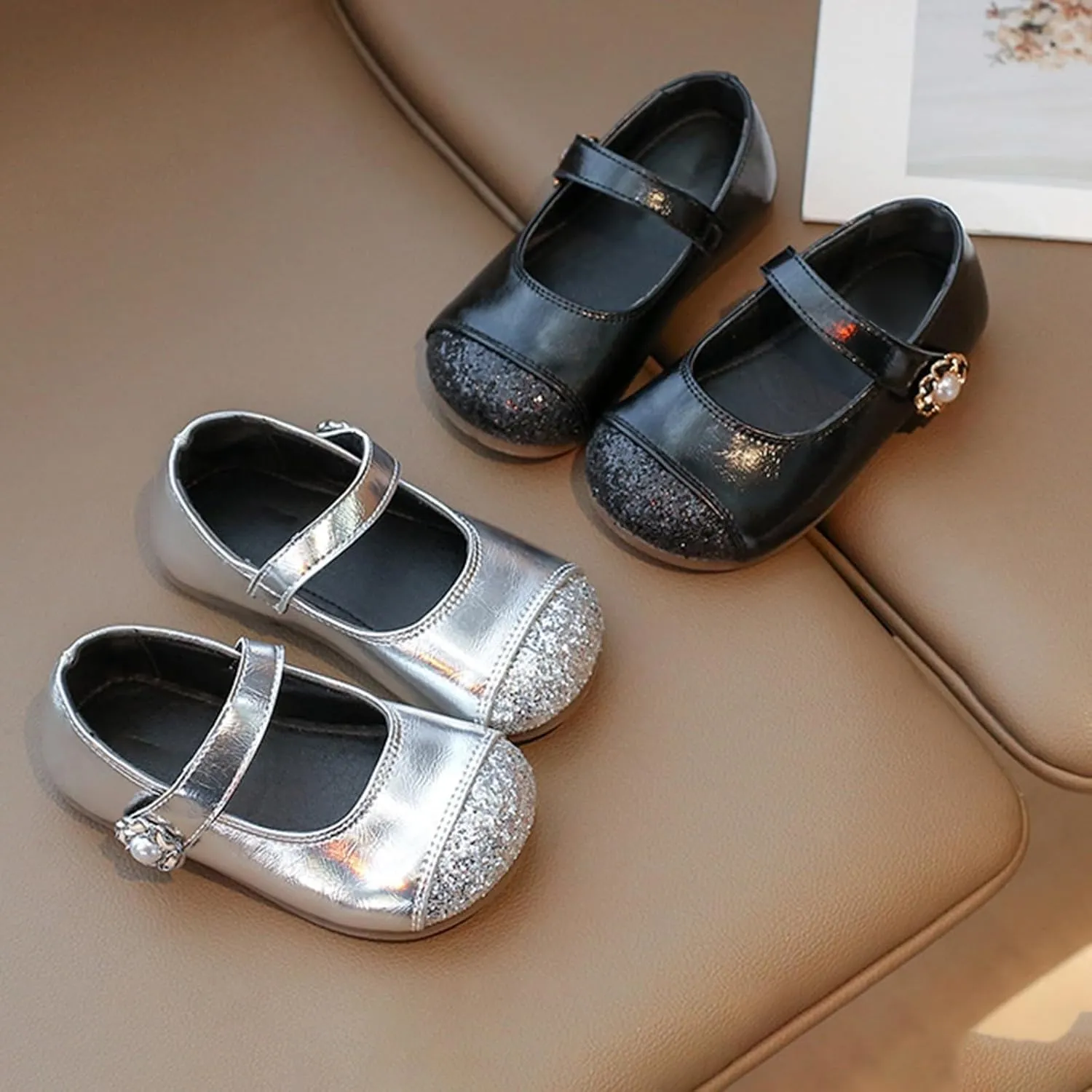 Girls Dress Shoes School Mary Jane Ballet Flats with Pearl Strap for Flower Girl Wedding Party Leather Dance Shoes